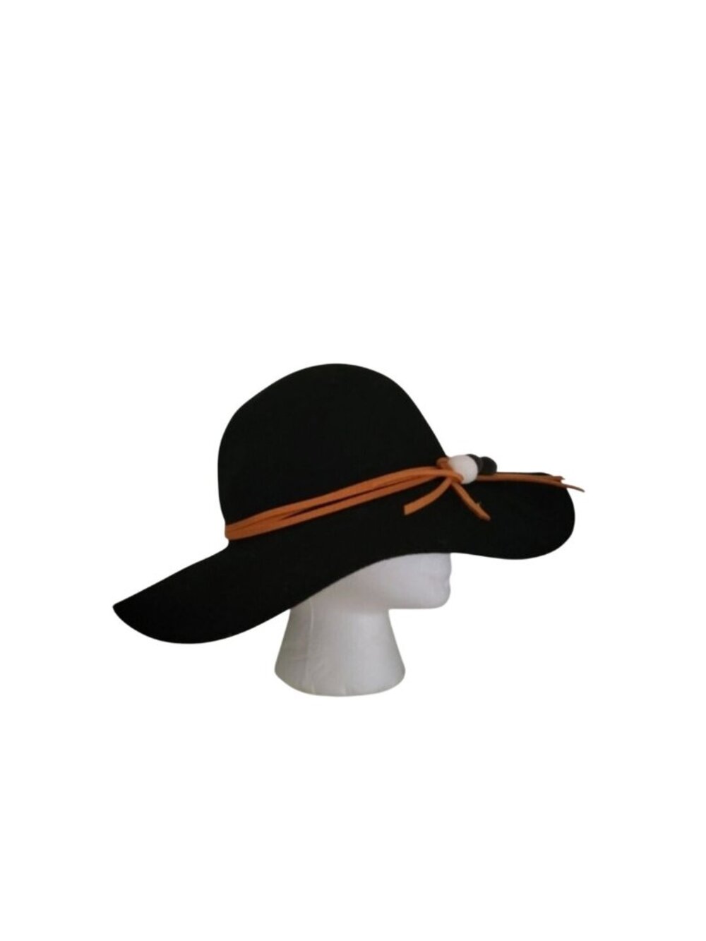 Wide Brim Black Wool  Hat With Brown Ribbon & Decorative Pom-Poms